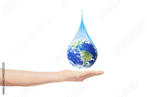 Fototapeta Naklejka Na Ścianę i Meble -  Drop Earth on man hand isolate on transparent background. Environmental protection concept. Elements of this image furnished by NASA.