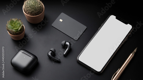 Modern workspace essentials with smartphone, earbuds, and plants, mockup, dark background