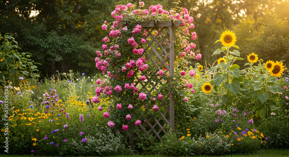 Naklejka premium Abundant Blooms Enveloping A Trellis, Amidst A Diverse Summer Garden