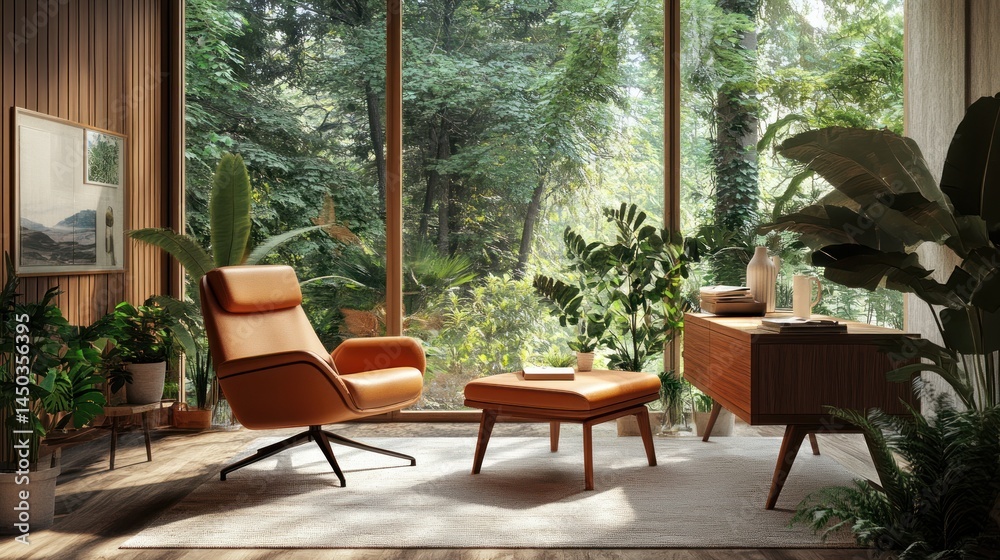 Fototapeta premium Serene Mid-Century Modern Living Room with Lush Greenery