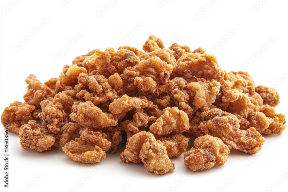 Crispy fried chicken pieces piled high on a clean white background, ready for serving Crispy fried chicken pieces piled high on a clean white background, ready for serving