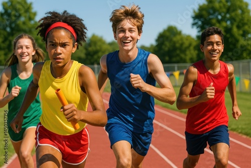 Youthful athletes sprinting relay.