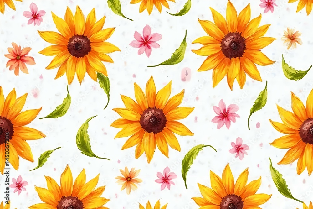 Hand-painted seamless sunflower pattern with lemon yellow petals. 