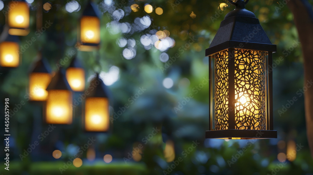 Decorative lanterns glowing softly in serene garden setting, creating warm and inviting atmosphere Decorative lanterns glowing softly in serene garden setting, creating warm and inviting atmosphere