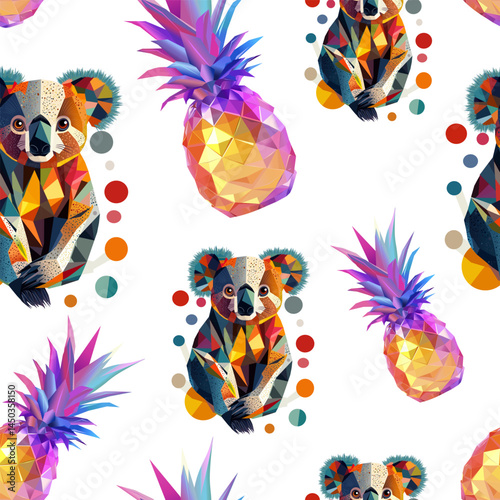 Seamless Pattern with Polygon Animals and Fruits. Abstract Koala and Pineapple Art PatternWeb