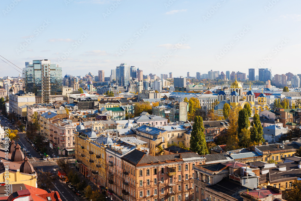 Fototapeta premium Elevated view of the Kyiv cityscape, prominently featuring the historic St Volodymyr's Cathedral