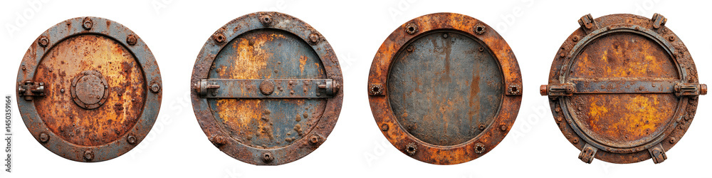 Fototapeta premium Vintage metal shields or hatch covers with rusty, industrial texture