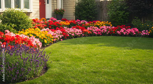 Wallpaper Mural Charming Home Exterior Featuring a Beautiful Flower Bed with Green Lawn Torontodigital.ca