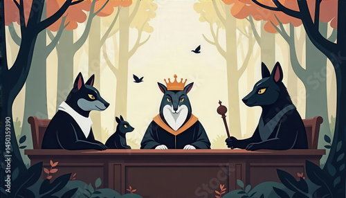 In a serene forest setting, several foxes gather around a wooden table. A crowned fox presides over the meeting, while others engage in discussion, showcasing teamwork and strategy
