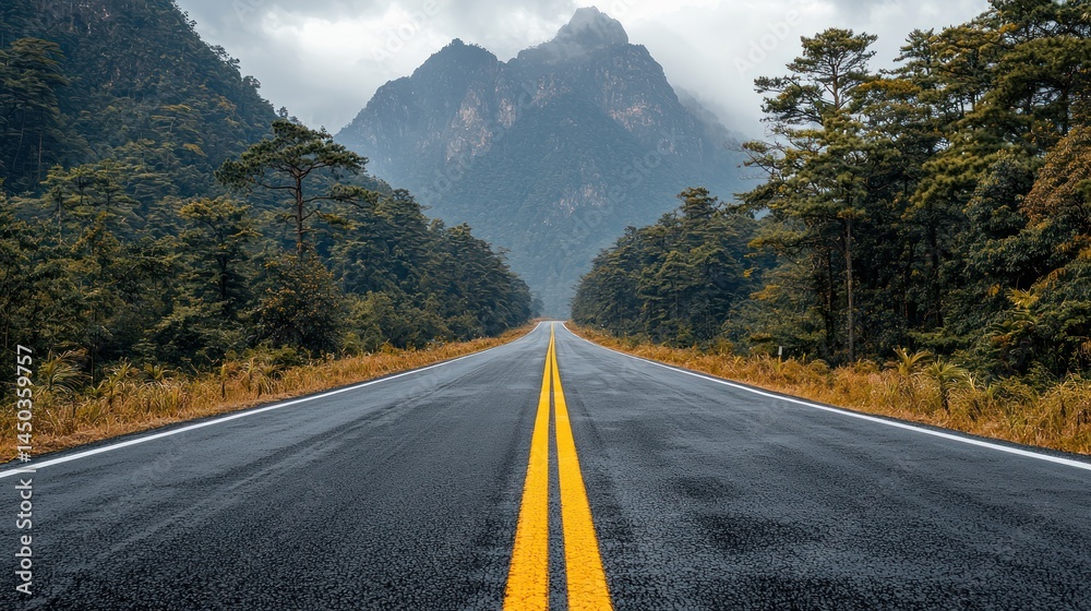 Naklejka premium Long road leads to mountains through a lush forest