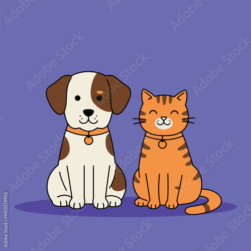  Playful dog and cat duo sitting together in a cheerful flat design style vector art