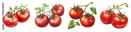 A cluster of fresh, ripe tomatoes on the vine. long_title:A close-up image showcasing a group of vibrant, juicy tomatoes growing on their vine, with