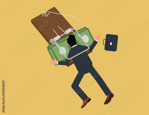 Business trap and failure concept. Businessman killed by mousetrap