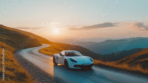 A Sleek Sports Car Ascending a Winding Mountain Road During a Golden Sunset