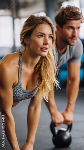 Fitness couple performing kettlebell plank exercise in gym. Possible use for workout motivation or fitness inspiration photo