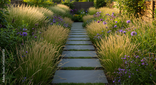 Elegant Garden Pathway With Ornamental Grasses And Purple Flowers Leading Through Serenity photo