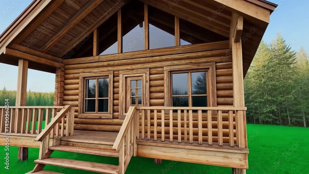 Cozy Wooden Cabin Surrounded by Lush Green Forest with Clear Blue Sky Background Ideal for Vacation Retreat Cozy Wooden Cabin Surrounded by Lush Green Forest with Clear Blue Sky Background Ideal for Vacation Retreat