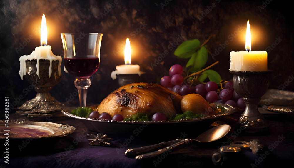 Obraz premium A table with a large duck, grapes, and candles.