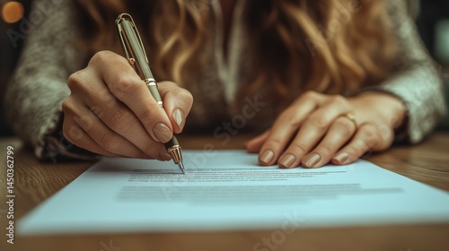 Woman finalizes agreement by signing document with elegance and sophistication photo