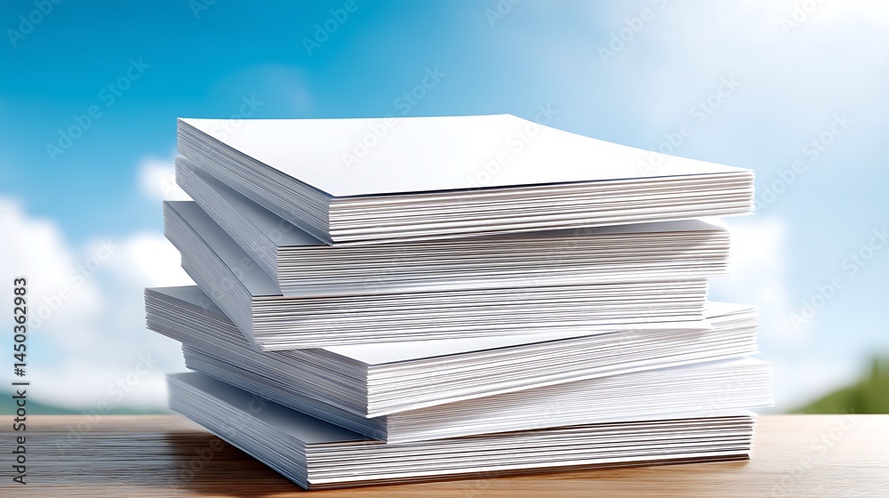 Stacked Sheets of Blank Paper Against a Bright Blue Sky with Fluffy White Clouds Stacked Sheets of Blank Paper Against a Bright Blue Sky with Fluffy White Clouds