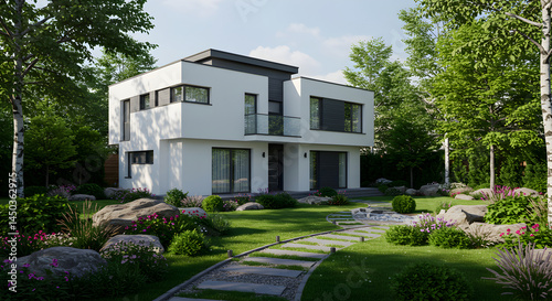 Modern Family House Exterior With Manicured Garden And Natural Stone Path