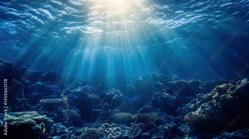 Fototapeta premium Underwater scene of sunlight beams penetrating coral reef.