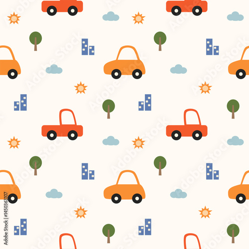 Car and truck cartoon so cute. On tree building cloud sun background. Pattern seamless vector illustration. 