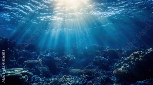 Underwater scene of sunlight beams penetrating coral reef.