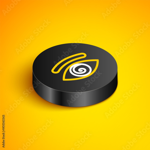 Isometric line Hypnosis icon isolated on yellow background. Human eye with spiral hypnotic iris. Black circle button. Vector