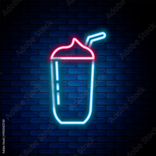 Glowing neon line Milkshake icon isolated on brick wall background. Plastic cup with lid and straw. Colorful outline concept. Vector