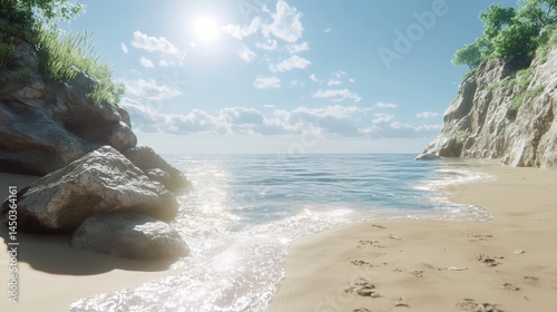 Sunny coastal scene with rocks and gentle waves.