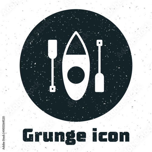 Grunge Kayak and paddle icon isolated on white background. Kayak and canoe for fishing and tourism. Outdoor activities. Monochrome vintage drawing. Vector