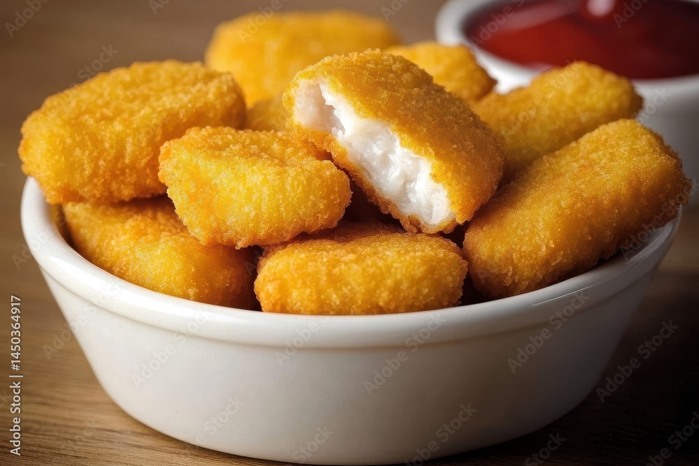 Crispy golden chicken nuggets served in a bowl with a side of ketchup on a wooden table Crispy golden chicken nuggets served in a bowl with a side of ketchup on a wooden table