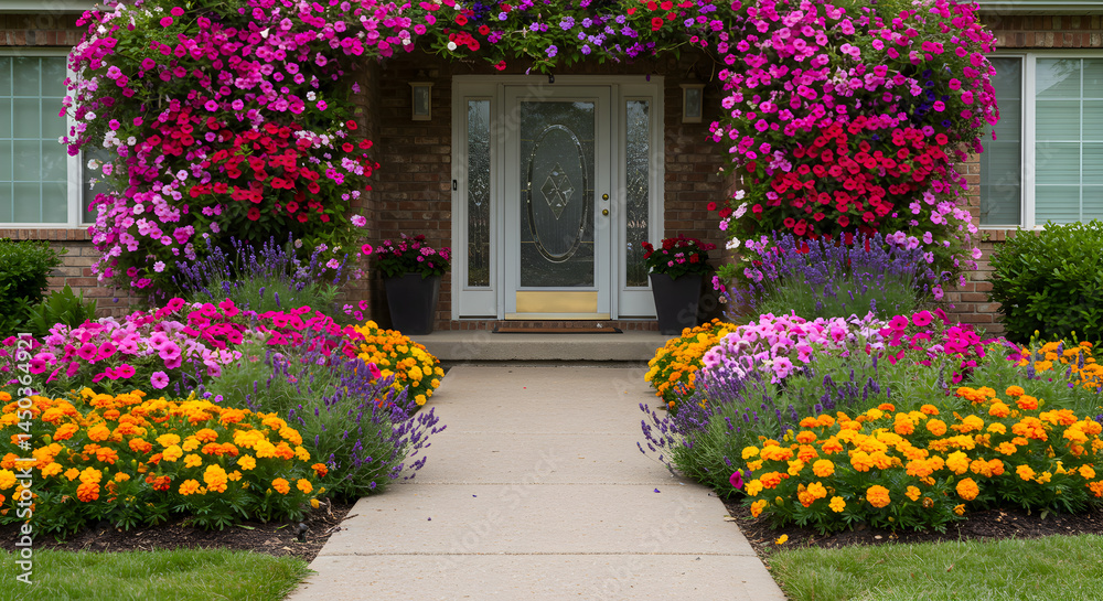 Fototapeta premium Beautiful Home Entrance Adorned With Vibrant Flowers And Lush Greenery