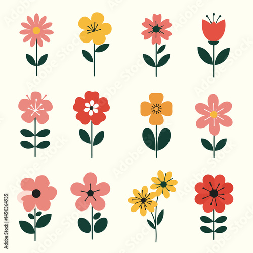 A vector illustration featuring a collection of beautifully arranged colorful flowers, each with intricate details and vibrant colors, set against a white background to emphasize elegance and simplici
