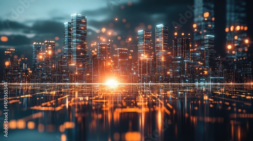 Wallpaper Mural Futuristic city skyline at twilight, illuminated with glowing digital lines.  A reflection of the city on a water surface Torontodigital.ca