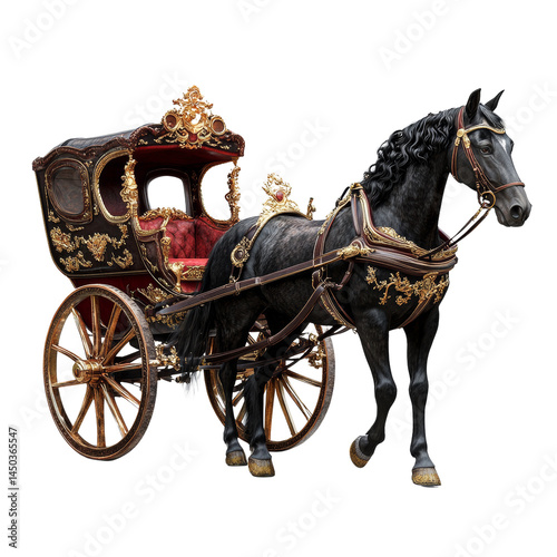 Ornate horse-drawn carriage showcasing luxury and historical elegance on transparent background