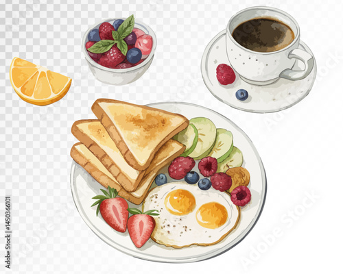 Breakfast. Toast, fried eggs, avocado, fruit and berries on a plate. Cup of coffee. Wotercolour. Vector
