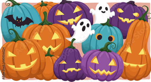 Colorful Halloween Pumpkins with a Cute Bat