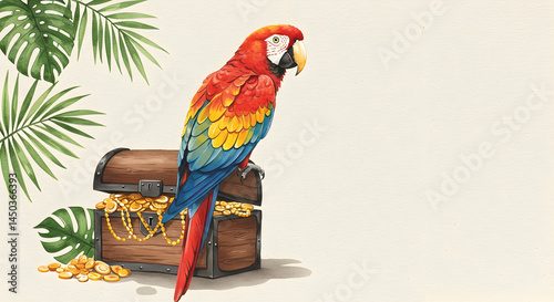 Colorful Parrot Perched on Treasure Chest with Golden Coins