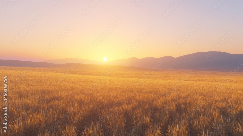 Obraz premium Golden field at sunrise. Vast, golden wheat field stretches to distant mountains, bathed in warm sunset hues