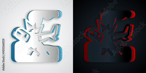 Paper cut Plane crash icon isolated on grey and black background. Paper art style. Vector