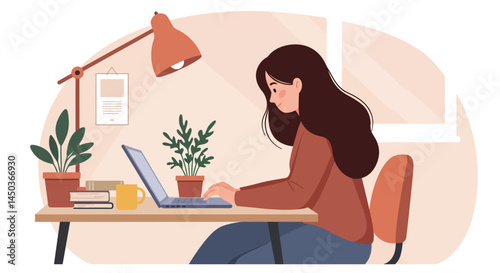 A Cozy Workspace Scene with Laptop Books and Plants