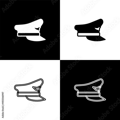 Set Pilot hat icon isolated on black and white background. Vector