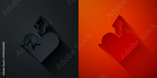 Paper cut Heartbeat increase icon isolated on black and red background. Increased heart rate. Paper art style. Vector