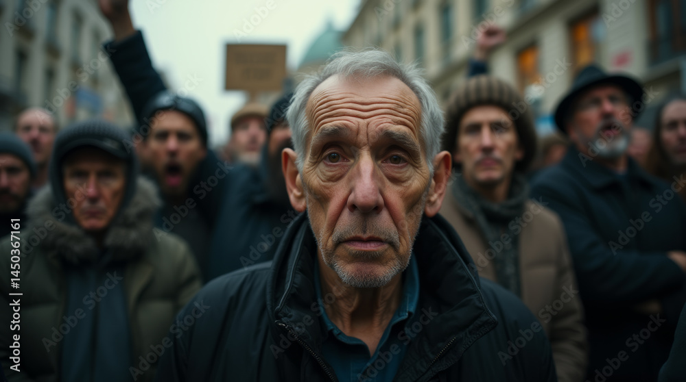 A crowd of protesters on the street, an elderly man in the center expresses his civic stance A crowd of protesters on the street, an elderly man in the center expresses his civic stance