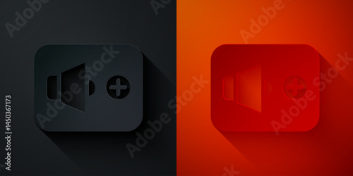 Paper cut Speaker volume, audio voice sound symbol, media music icon isolated on black and red background. Paper art style. Vector