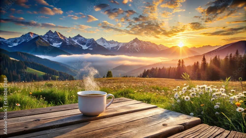 A cup of coffee with steam rising, resting on a wooden table overlooking a breathtaking sunrise over a mountain range with wildflowers in the foreground. A cup of coffee with steam rising, resting on a wooden table overlooking a breathtaking sunrise over a mountain range with wildflowers in the foreground.