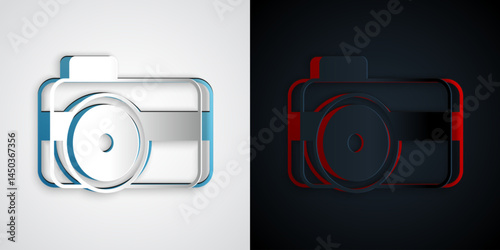 Paper cut Photo camera for diver icon isolated on grey and black background. Foto camera icon. Diving underwater equipment. Paper art style. Vector