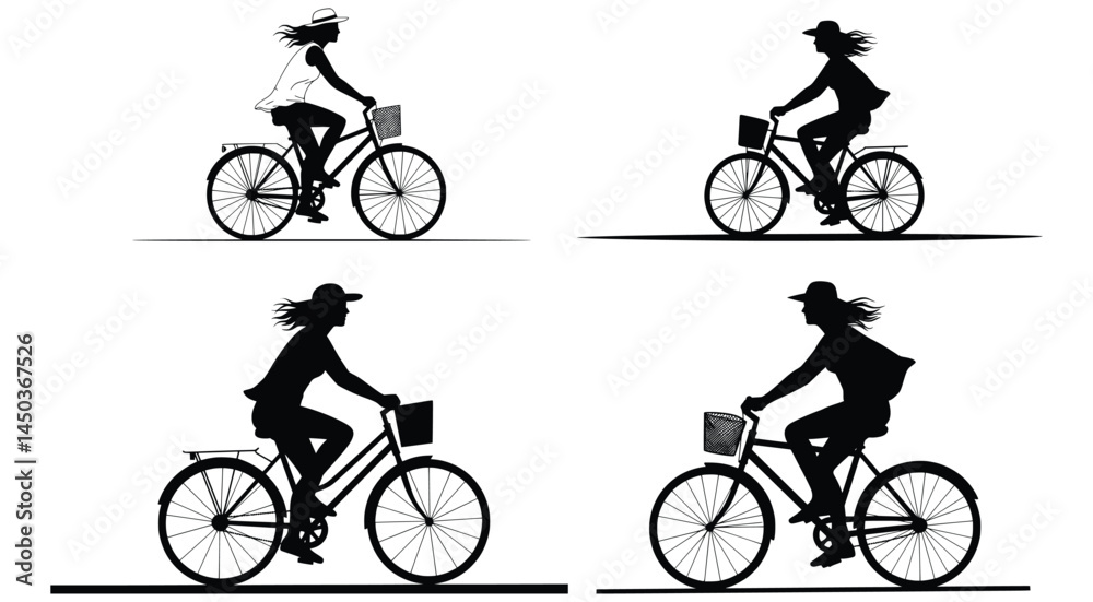 Obraz premium Elegant Silhouette of Women Riding Bicycles with Baskets on a Leisurely Ride